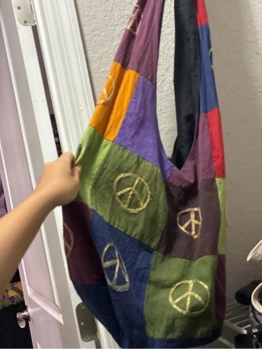 Patchwork Peace Sign Shoulder Bag in Green & Multicolor